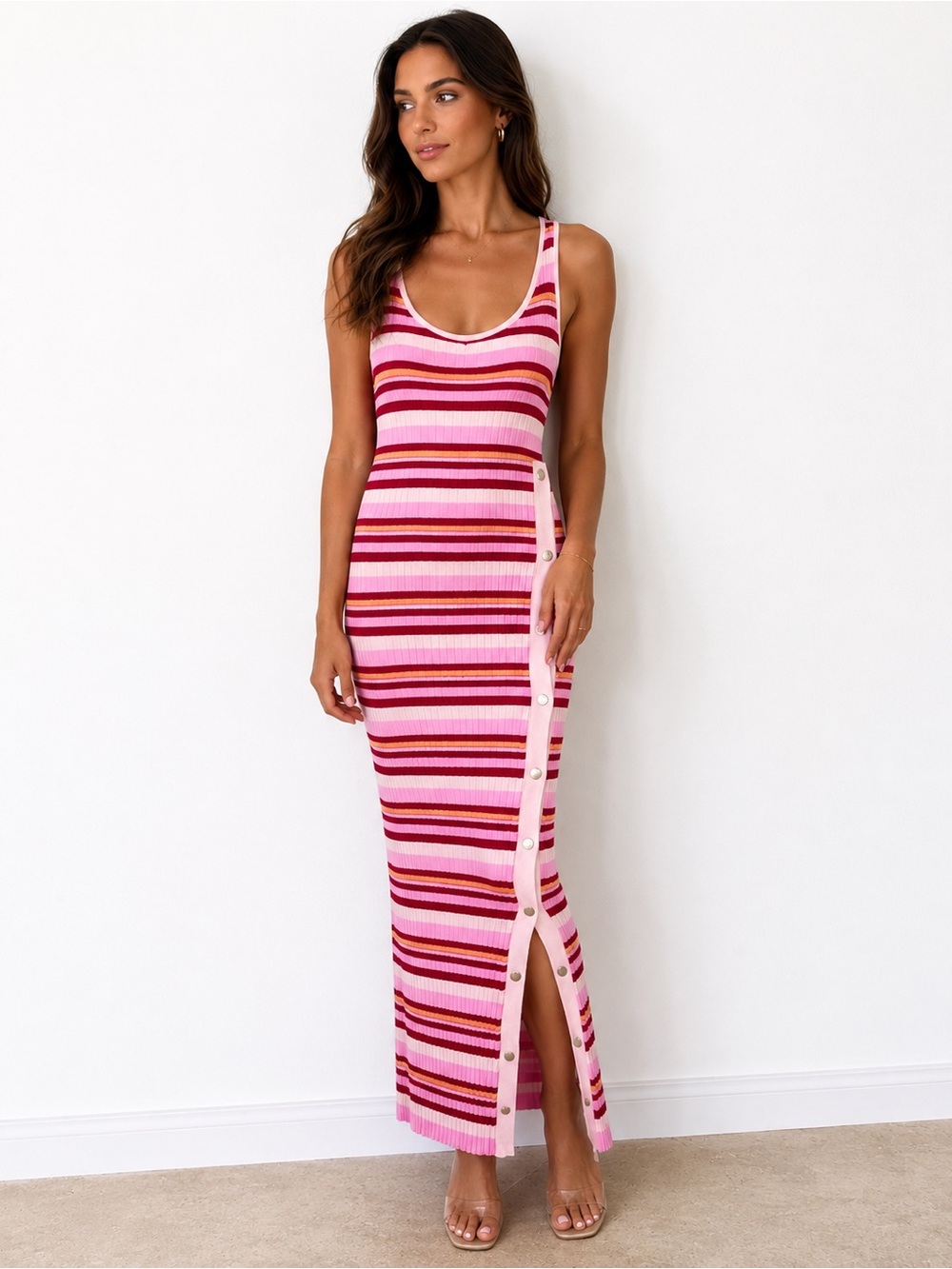 525 America Pink and Red Striped Tank Maxi Dress with Side Button Placket